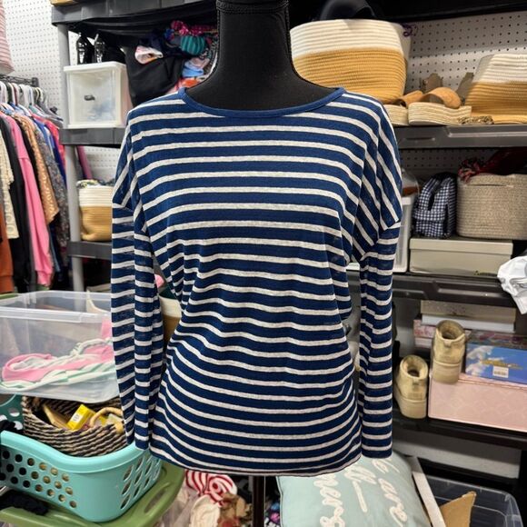 J Crew relaxed 100% Linen blue and white striped long sleeve Tee NWOT sz XXS - Picture 1 of 9